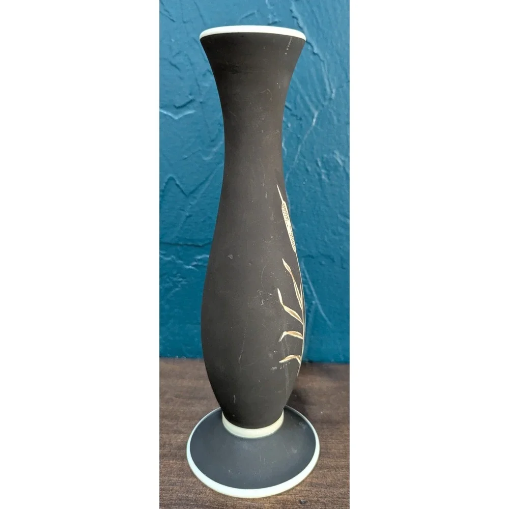 Vintage MCM KM‎ Porzellan Bavaria Germany Black Bud Vase w/Gold Cattails 9